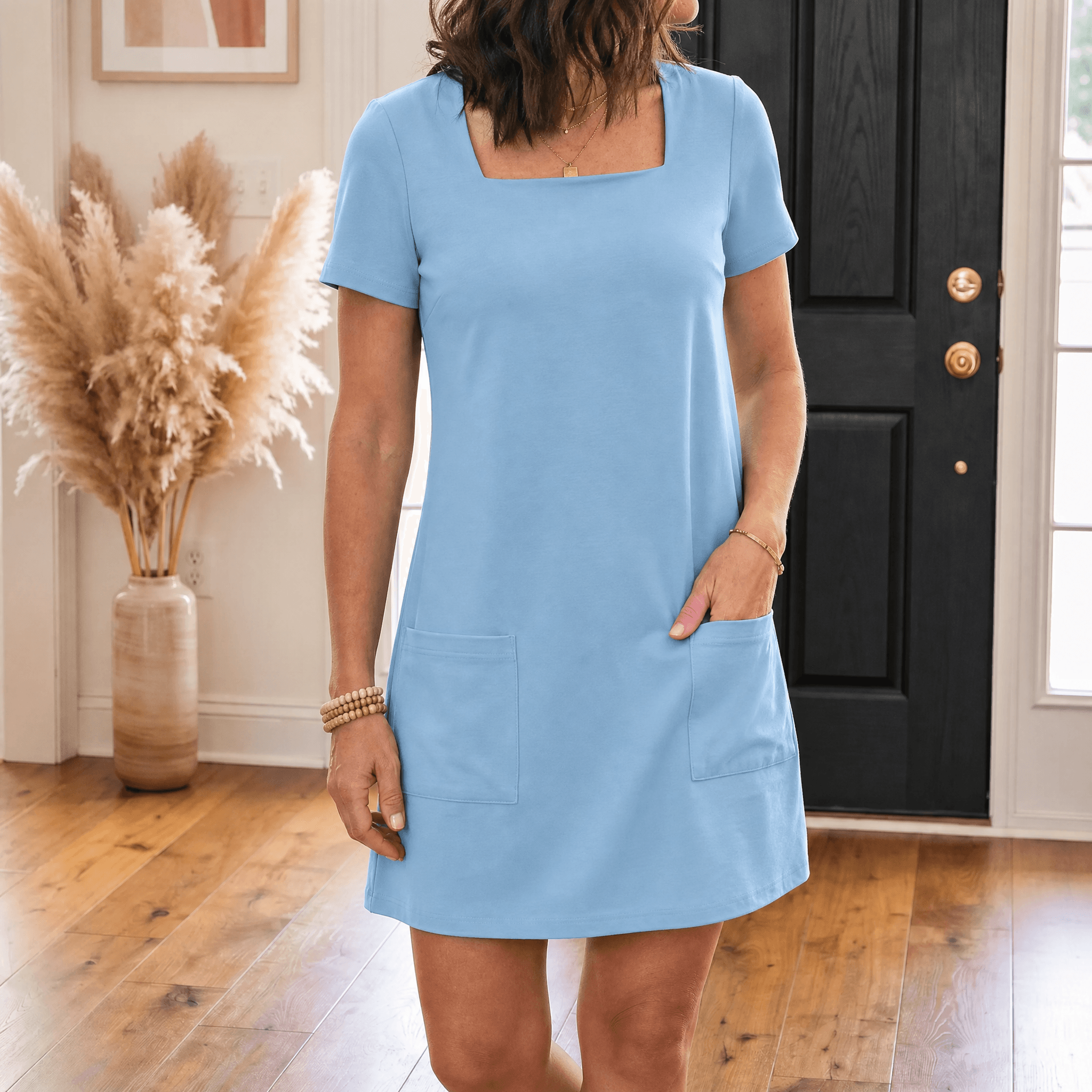 Soliva – Women's Soft Square-Neck Pocket Dress