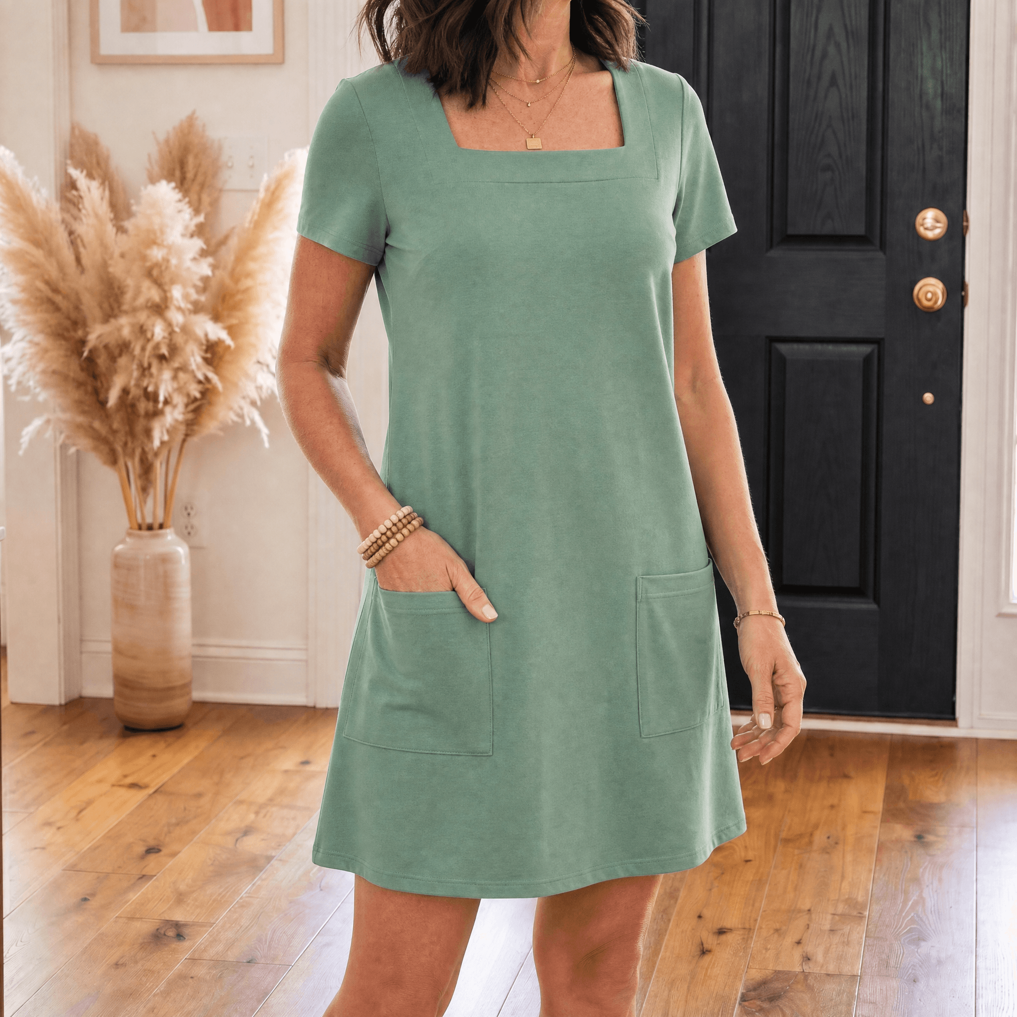 Soliva – Women's Soft Square-Neck Pocket Dress