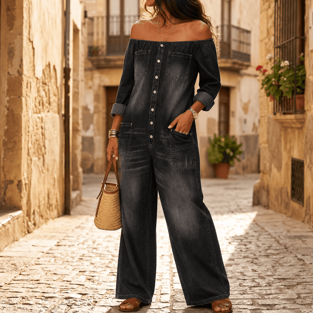 Soluna – Women's Off-Shoulder Wide-Leg Denim Jumpsuit