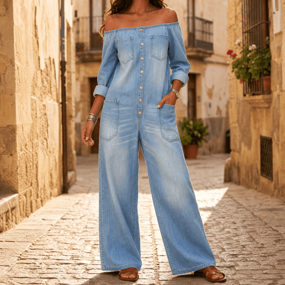 Soluna – Women's Off-Shoulder Wide-Leg Denim Jumpsuit