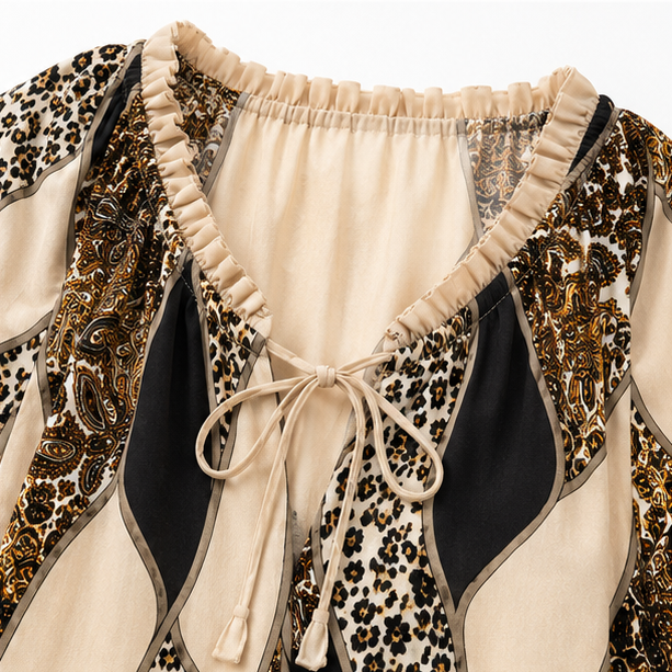Sorelia – Mixed Print Patchwork Blouse, Leopard & Paisley V Neck