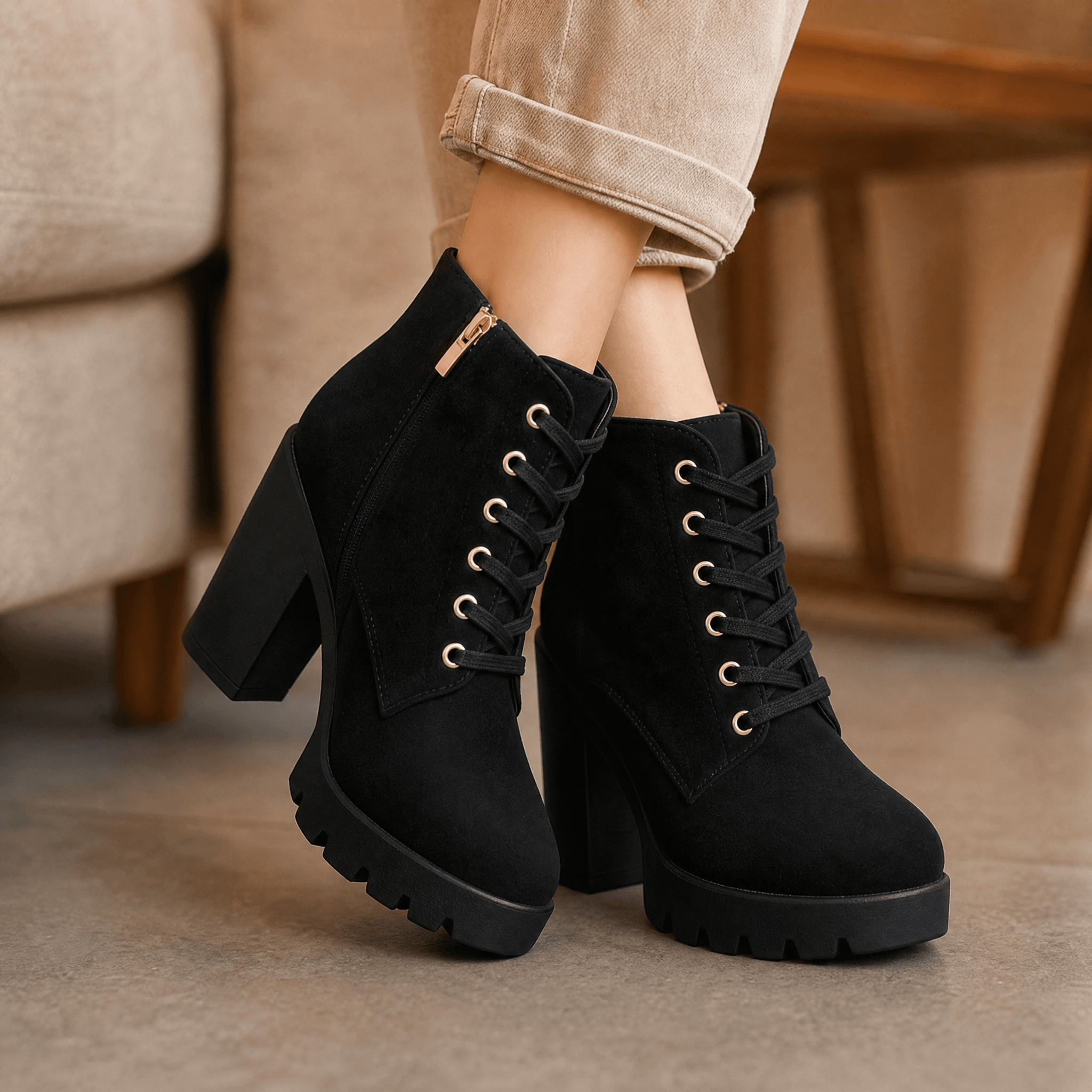 Strovia - Chunky Heel Ankle Boots with Fur Lining