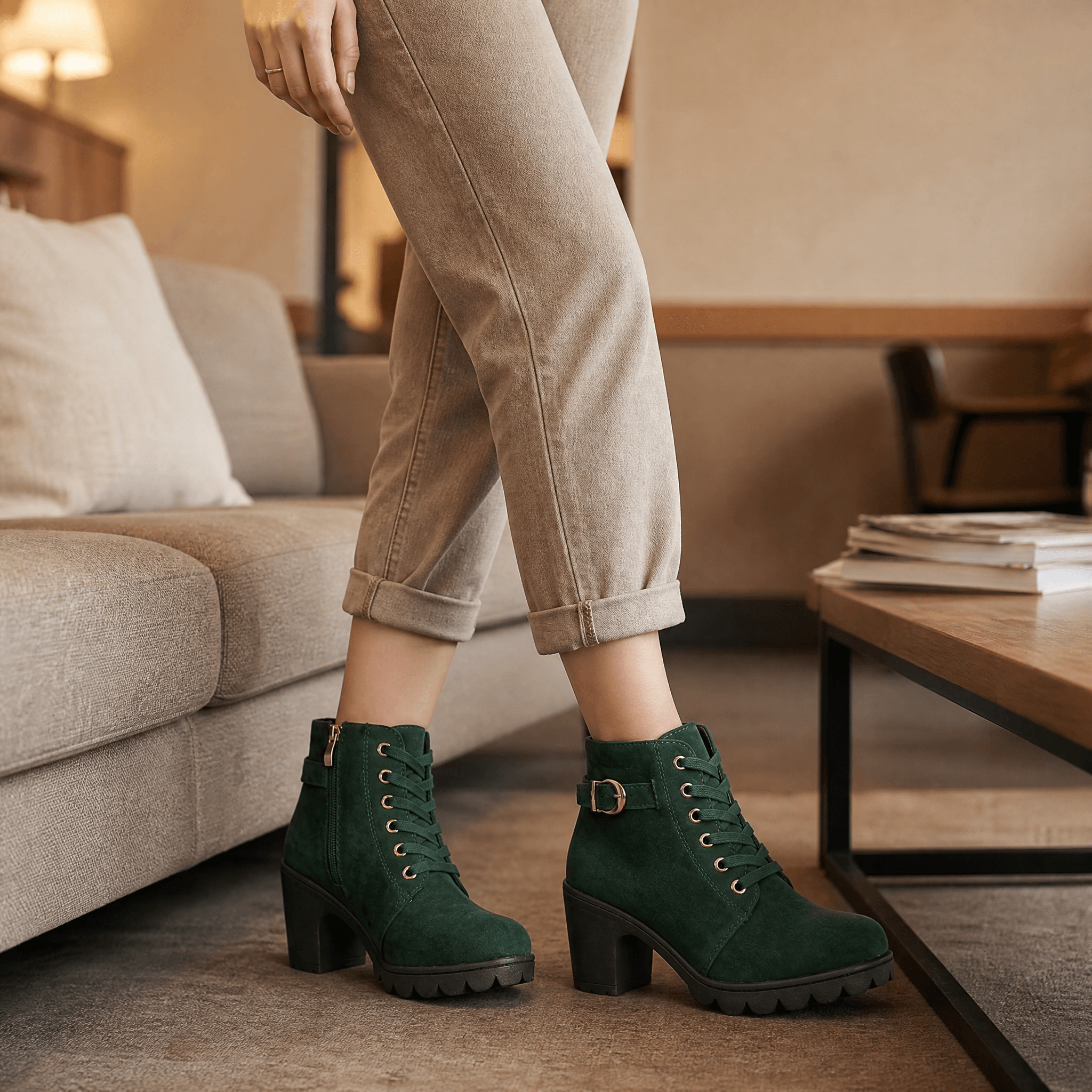 Strovia - Chunky Heel Ankle Boots with Fur Lining