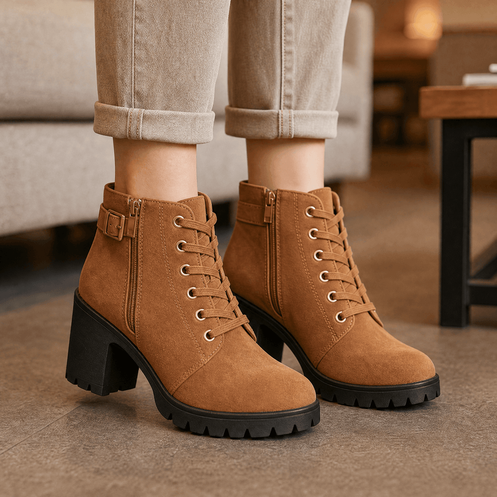 Strovia - Chunky Heel Ankle Boots with Fur Lining
