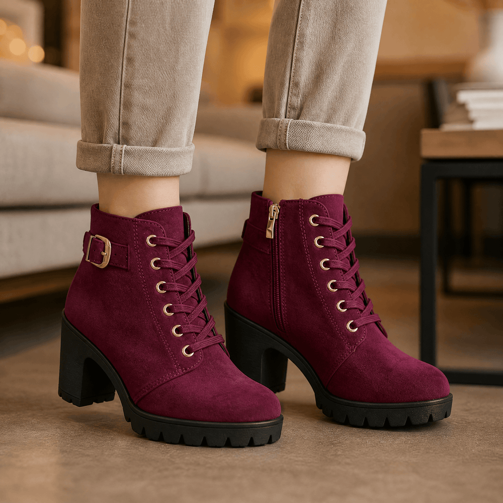 Strovia - Chunky Heel Ankle Boots with Fur Lining