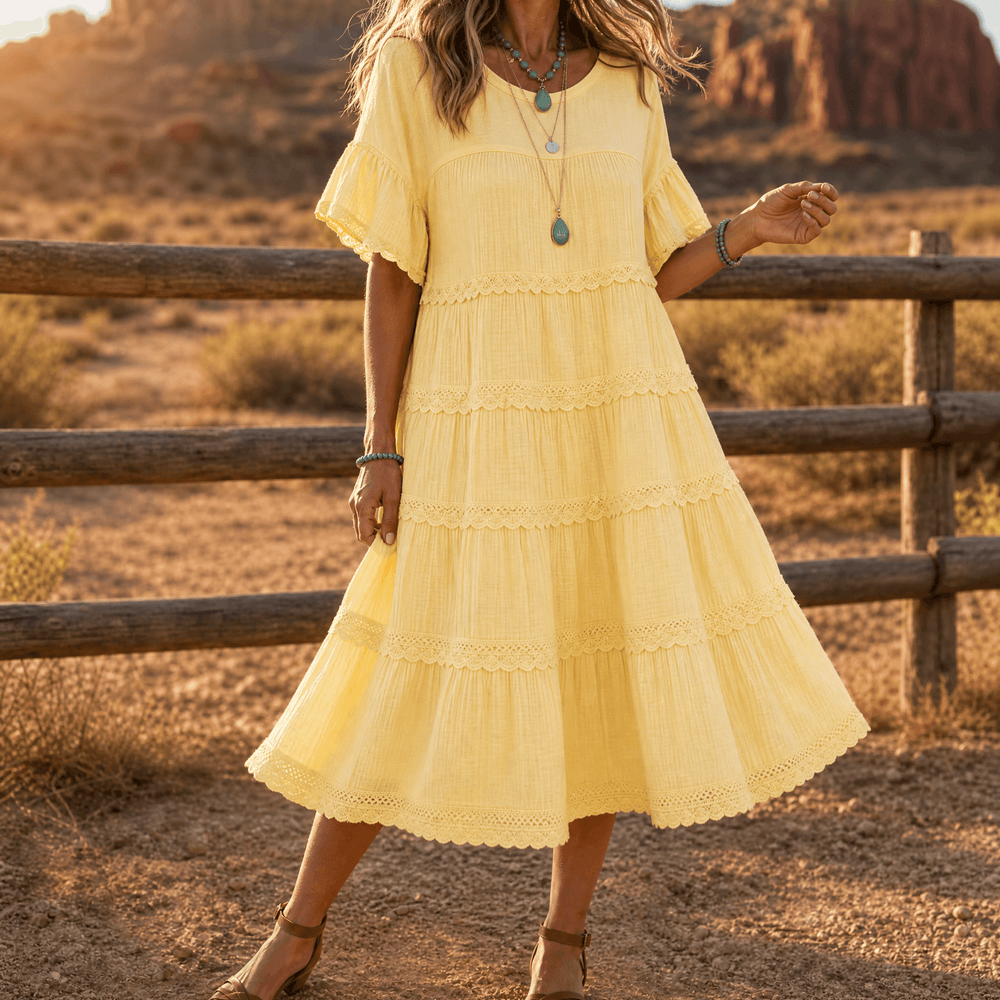 Sundara – Women's Tiered Lace Midi Dress with Hidden Pockets