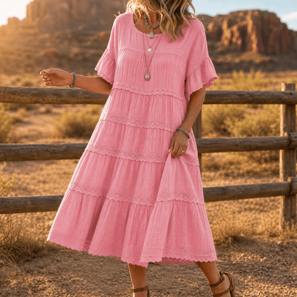 Sundara – Women's Tiered Lace Midi Dress with Hidden Pockets