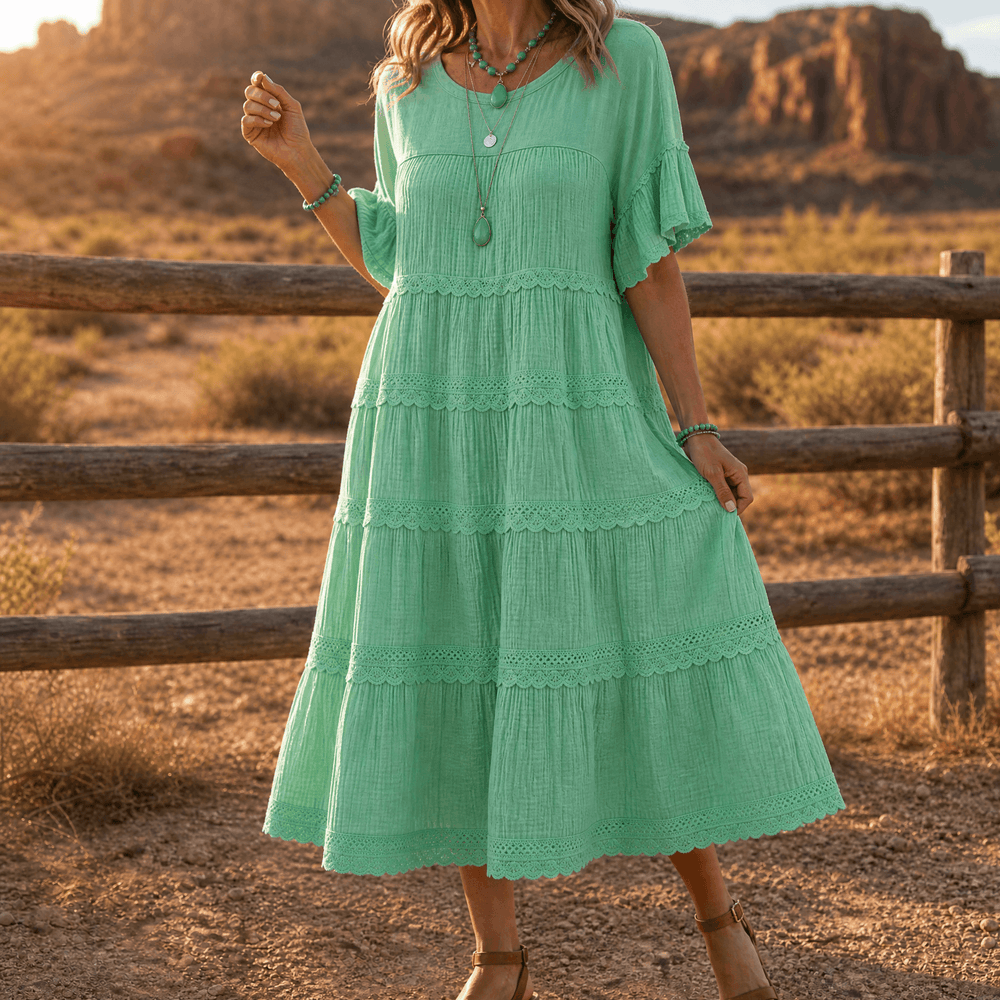 Sundara – Women's Tiered Lace Midi Dress with Hidden Pockets