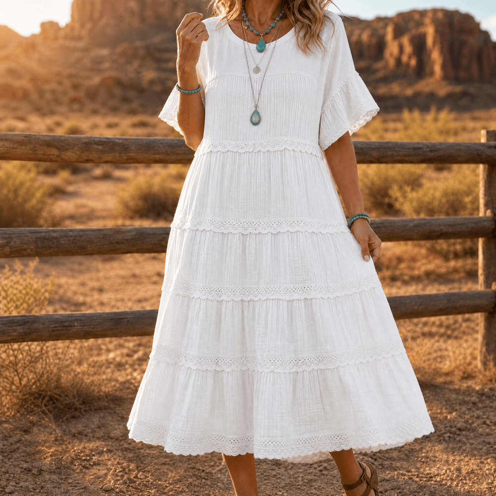 Sundara – Women's Tiered Lace Midi Dress with Hidden Pockets