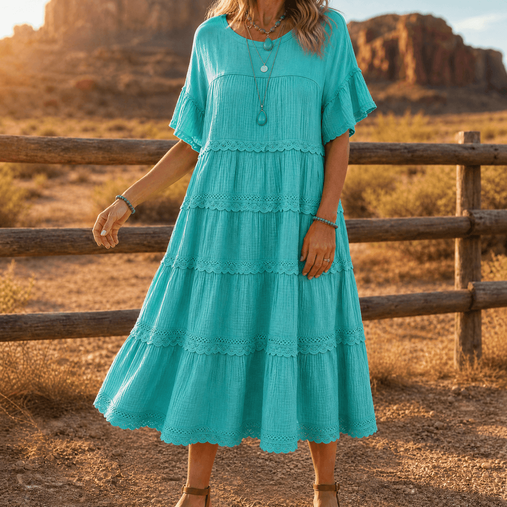 Sundara – Women's Tiered Lace Midi Dress with Hidden Pockets