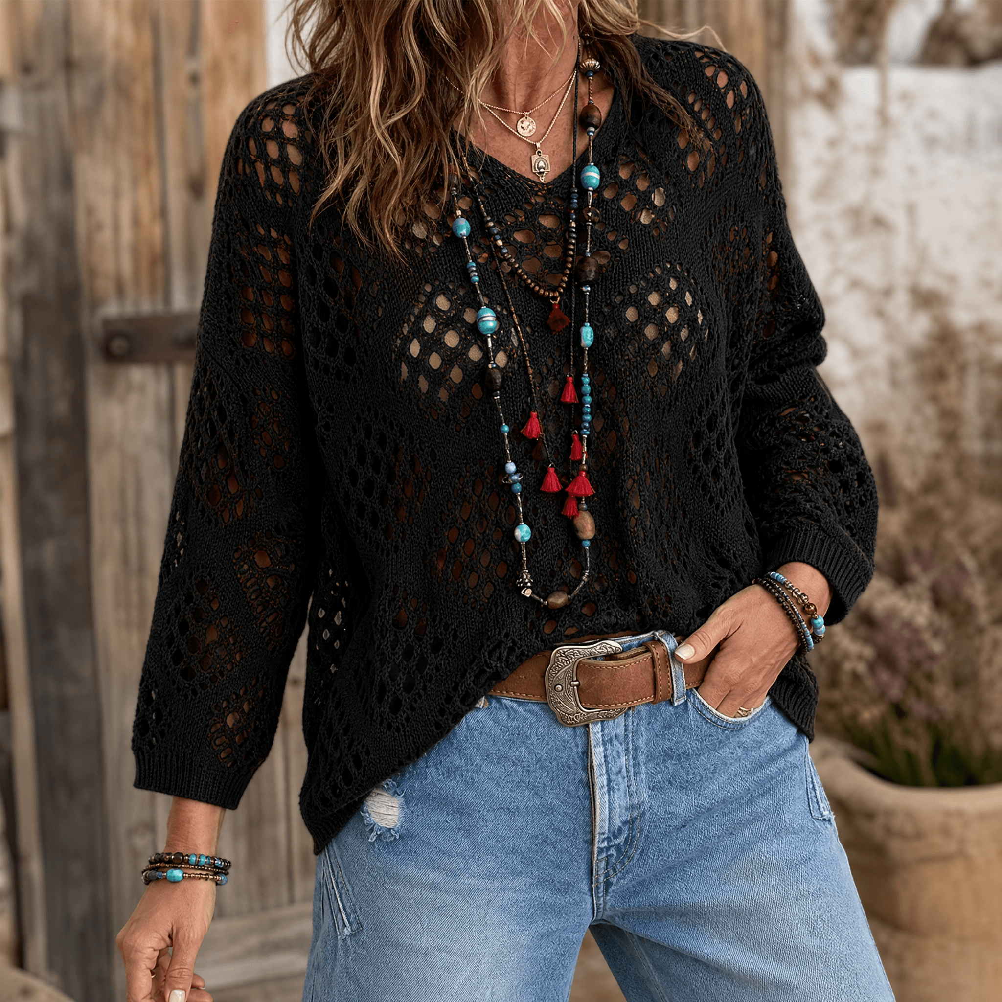 Sunfara – Women's Bohemian Crochet V-Neck Top