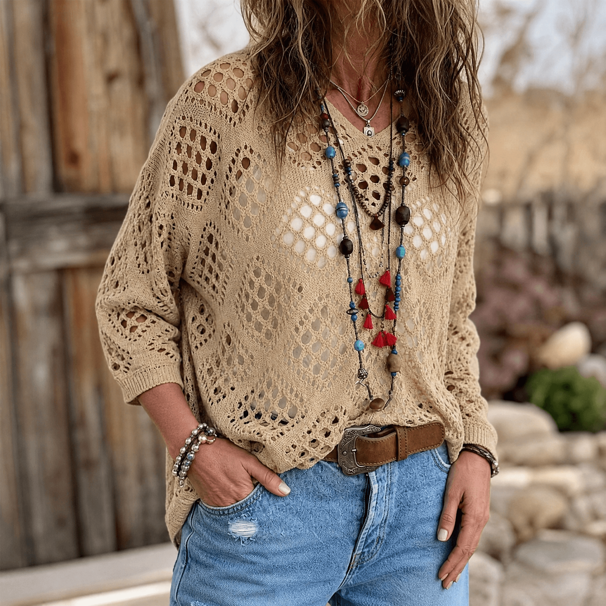 Sunfara – Women's Bohemian Crochet V-Neck Top