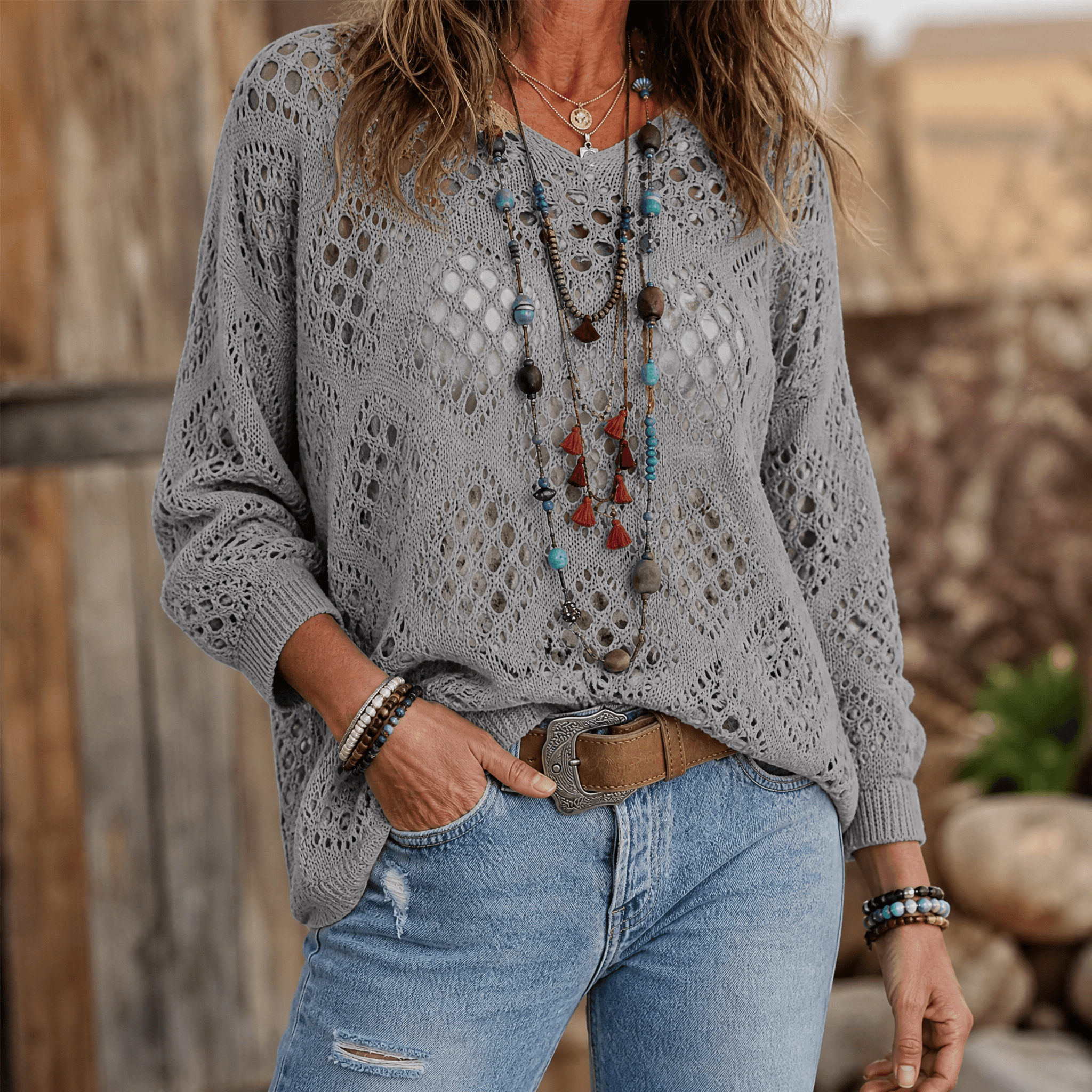 Sunfara – Women's Bohemian Crochet V-Neck Top