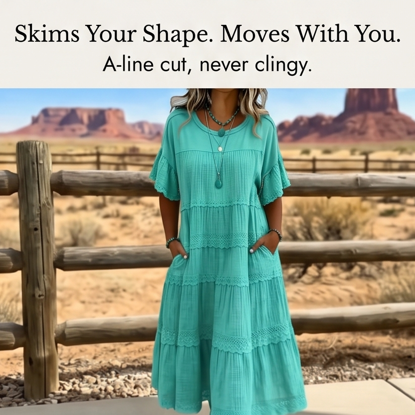 Sundara – Women's Tiered Lace Midi Dress with Hidden Pockets
