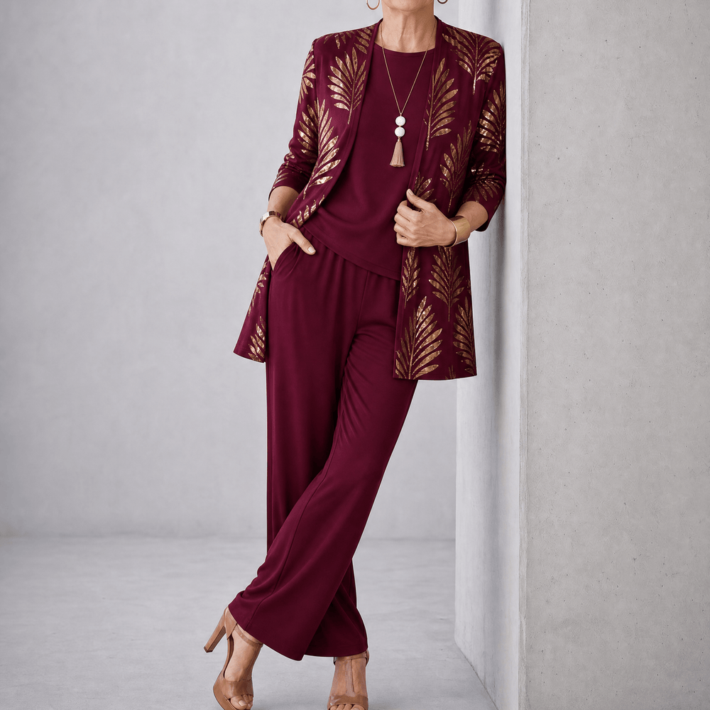 Trielle – Women's 3-Piece Printed Pantsuit Set, Duster, Shell and Wide-Leg Pants