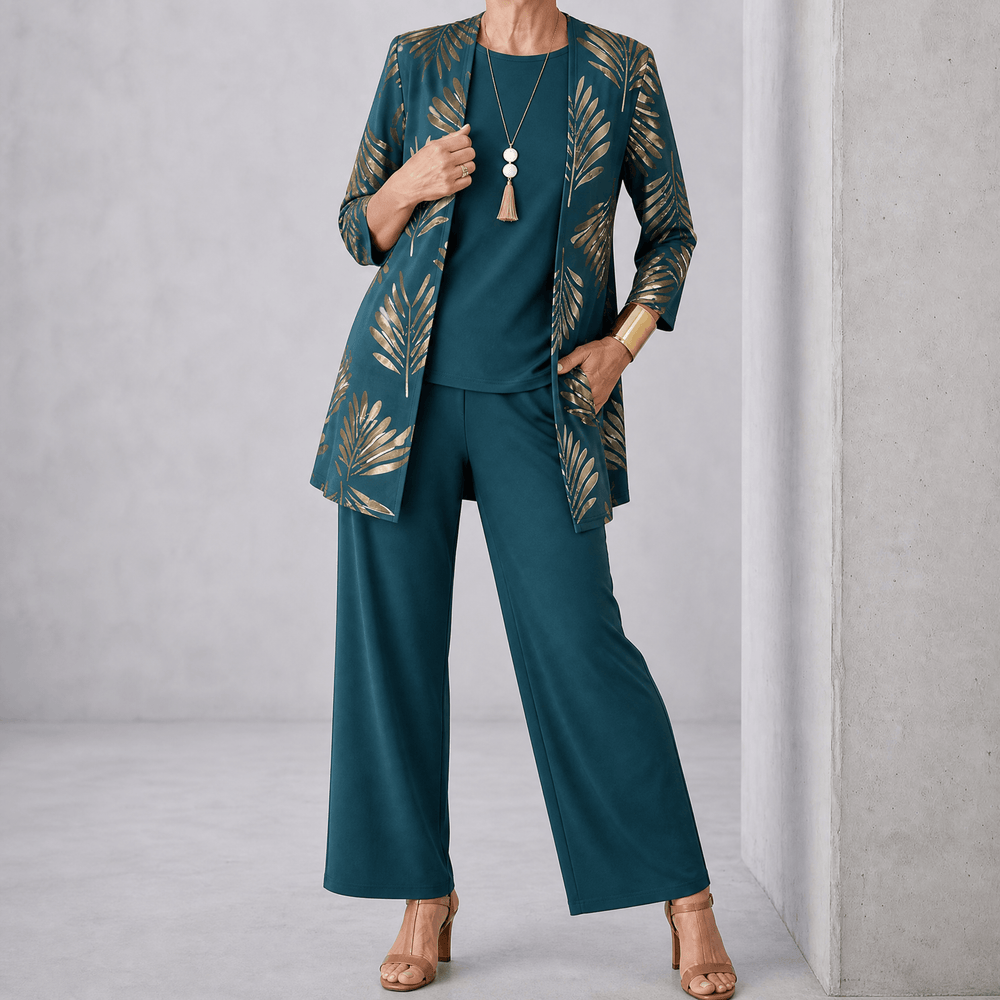 Trielle – Women's 3-Piece Printed Pantsuit Set, Duster, Shell and Wide-Leg Pants