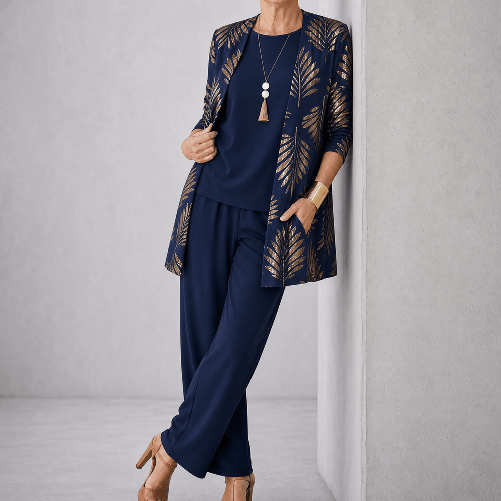 Trielle – Women's 3-Piece Printed Pantsuit Set, Duster, Shell and Wide-Leg Pants