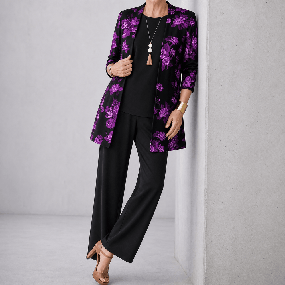 Trielle – Women's 3-Piece Printed Pantsuit Set, Duster, Shell and Wide-Leg Pants