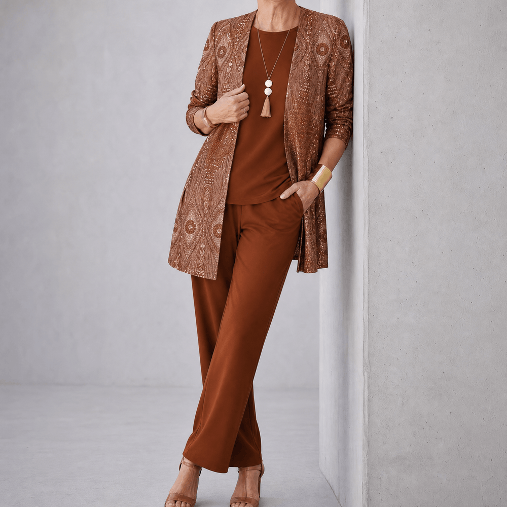 Trielle – Women's 3-Piece Printed Pantsuit Set, Duster, Shell and Wide-Leg Pants
