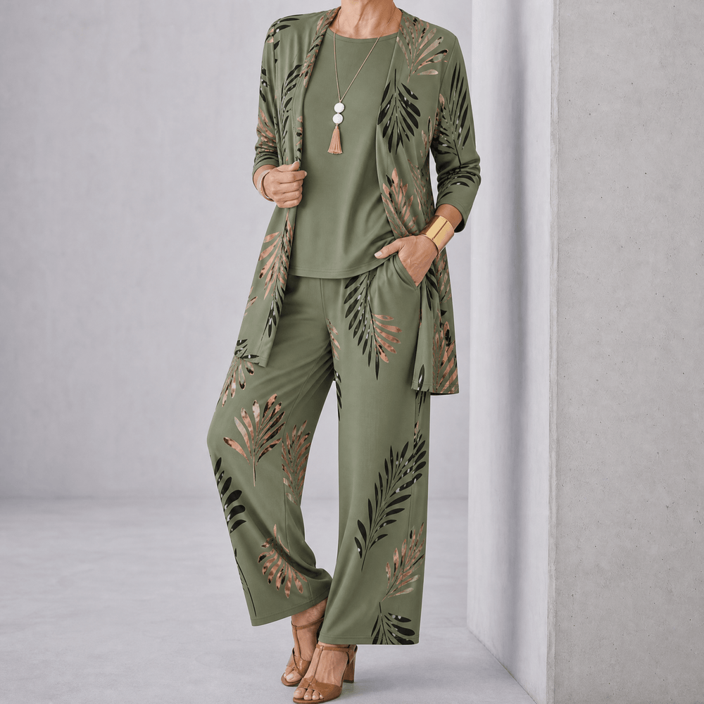 Trielle – Women's 3-Piece Printed Pantsuit Set, Duster, Shell and Wide-Leg Pants