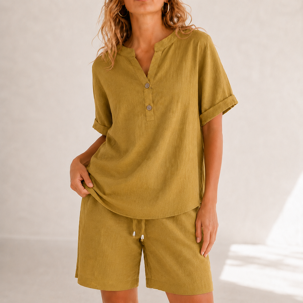 Lunessa™ – Cotton Linen 2 Piece Set Women Henley Top and Drawstring Shorts