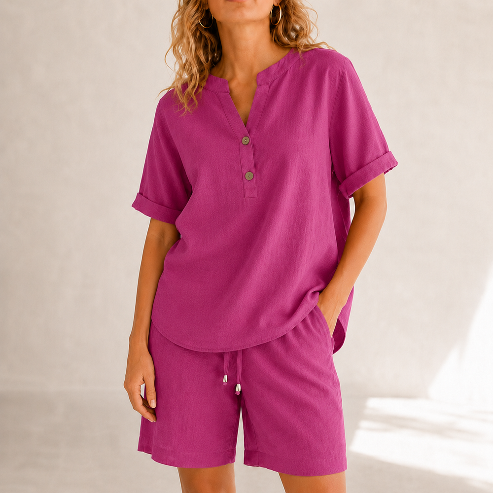 Lunessa™ – Cotton Linen 2 Piece Set Women Henley Top and Drawstring Shorts
