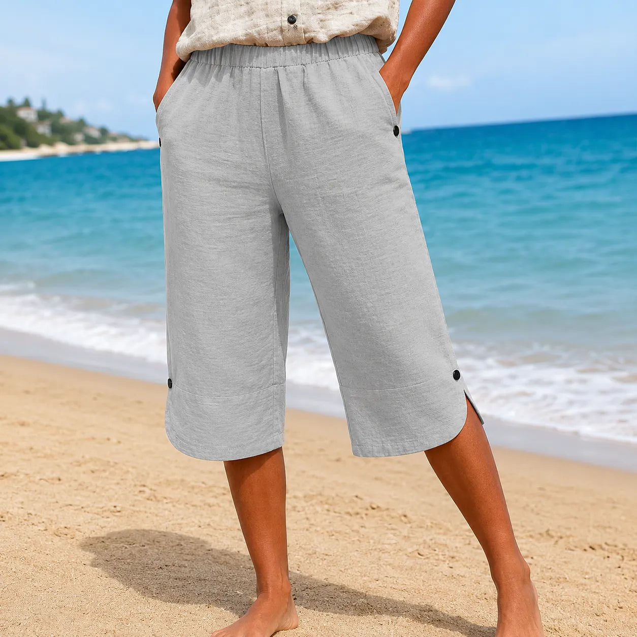 Brisana – Lightweight Linen-Look Capri Pants for Women Soft Elastic Waist