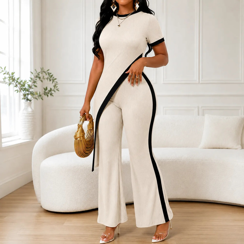 Velora – Asymmetric Ribbed Two-Piece Set with Flared Pants