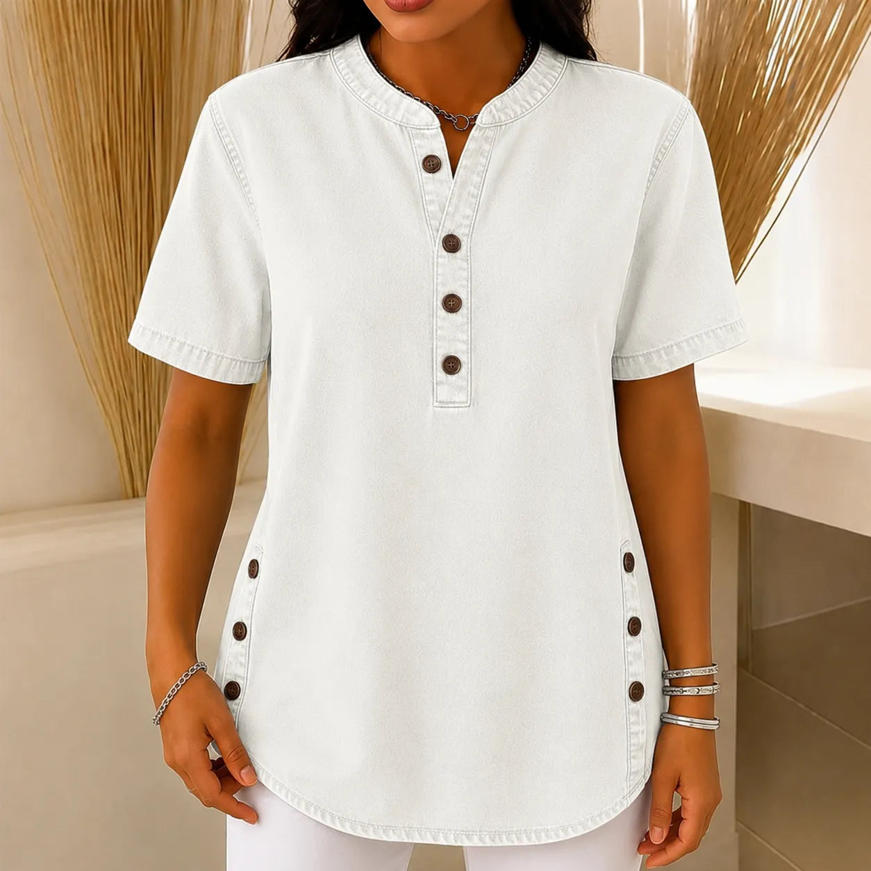 Avelyn – Henley Denim-like Tunic Top with Side Buttons for Women