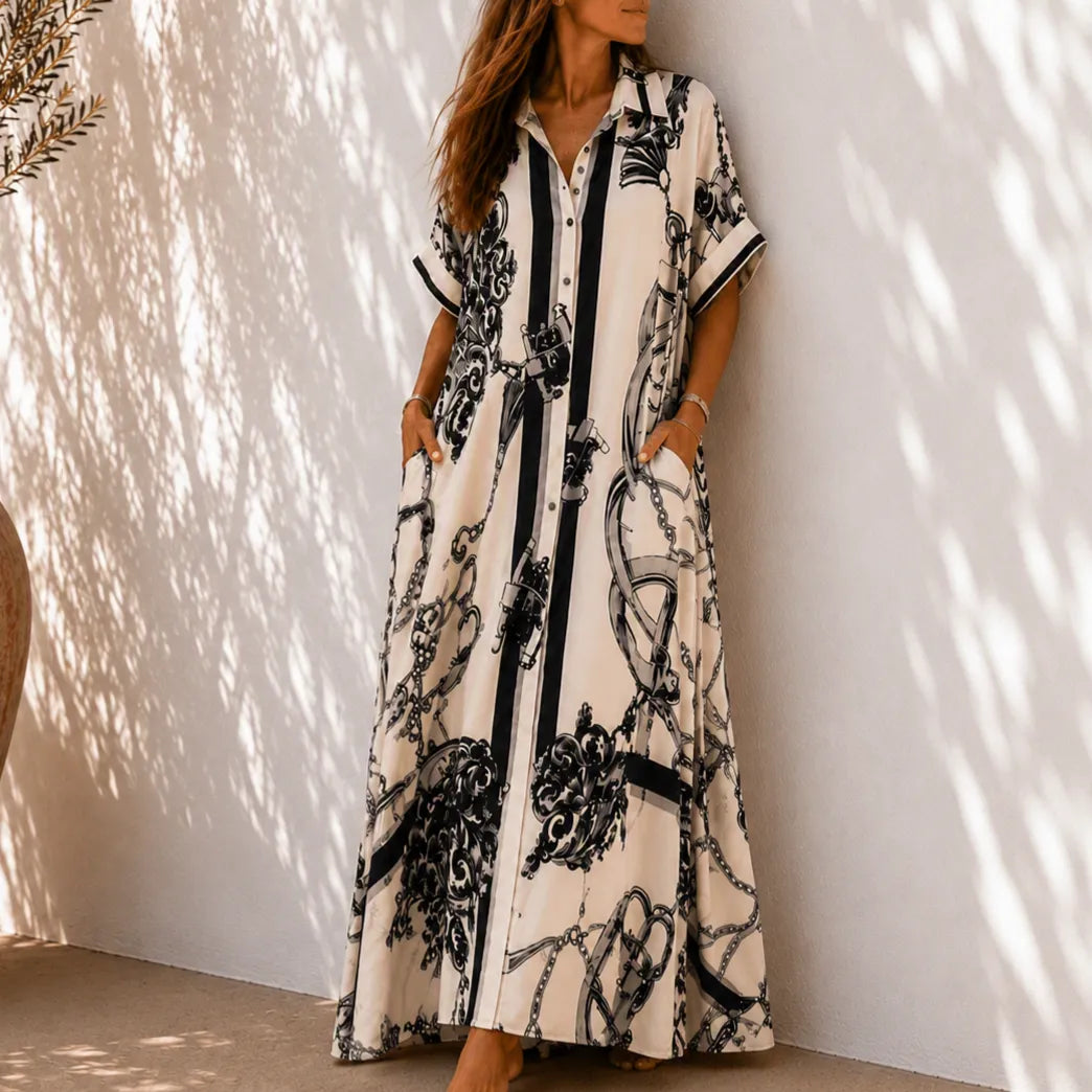 Solenne – Vintage Scroll Print Maxi Shirt Dress with Pockets