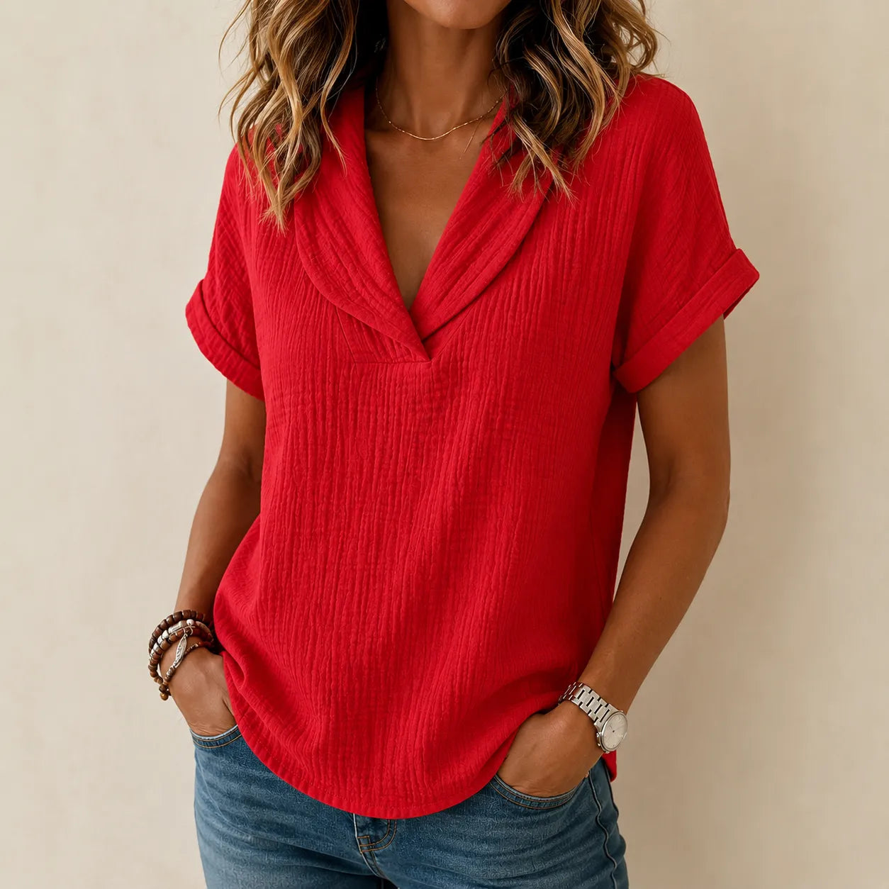 Sevella – Women's textured shawl V-neck summer tee, loose fit