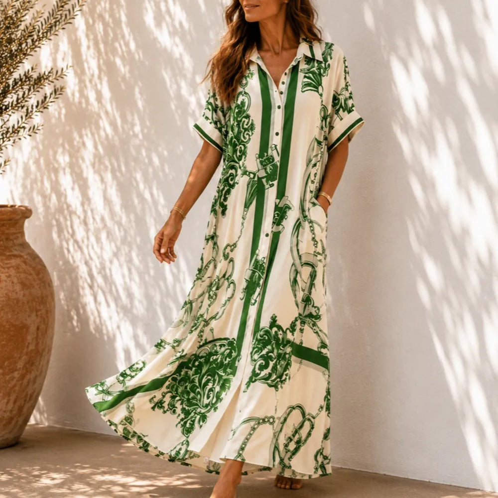 Solenne – Vintage Scroll Print Maxi Shirt Dress with Pockets