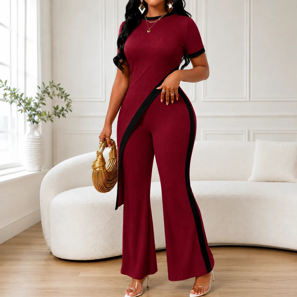 Velora – Asymmetric Ribbed Two-Piece Set with Flared Pants