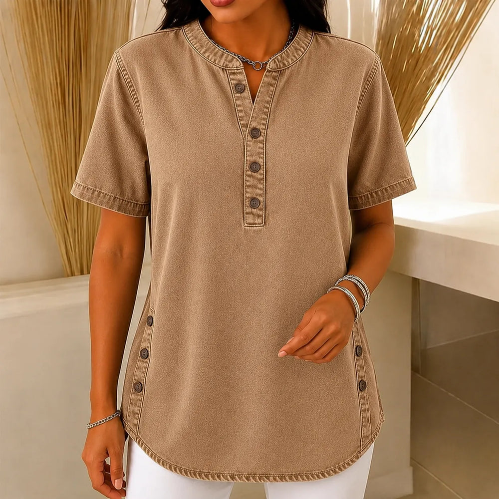 Avelyn – Henley Denim-like Tunic Top with Side Buttons for Women