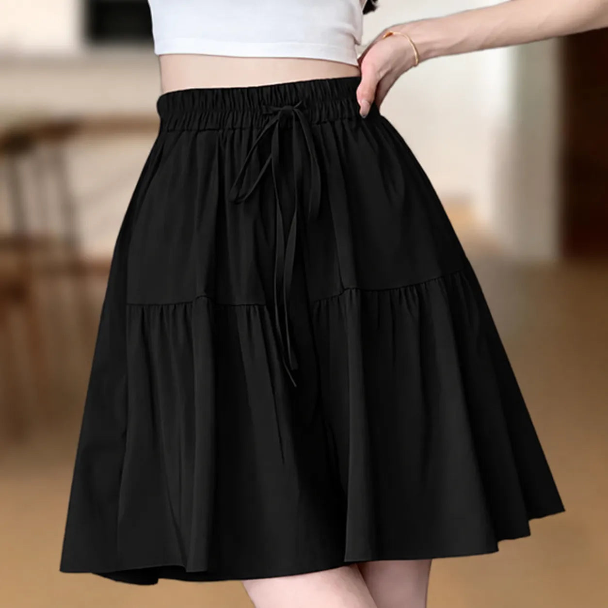 Sundara – Tiered Culotte Skirt with Hidden Shorts, High Waist Drawstring