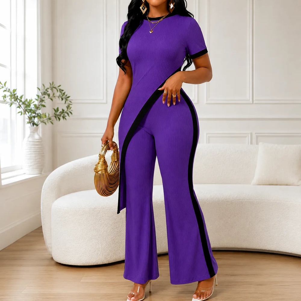 Velora – Asymmetric Ribbed Two-Piece Set with Flared Pants