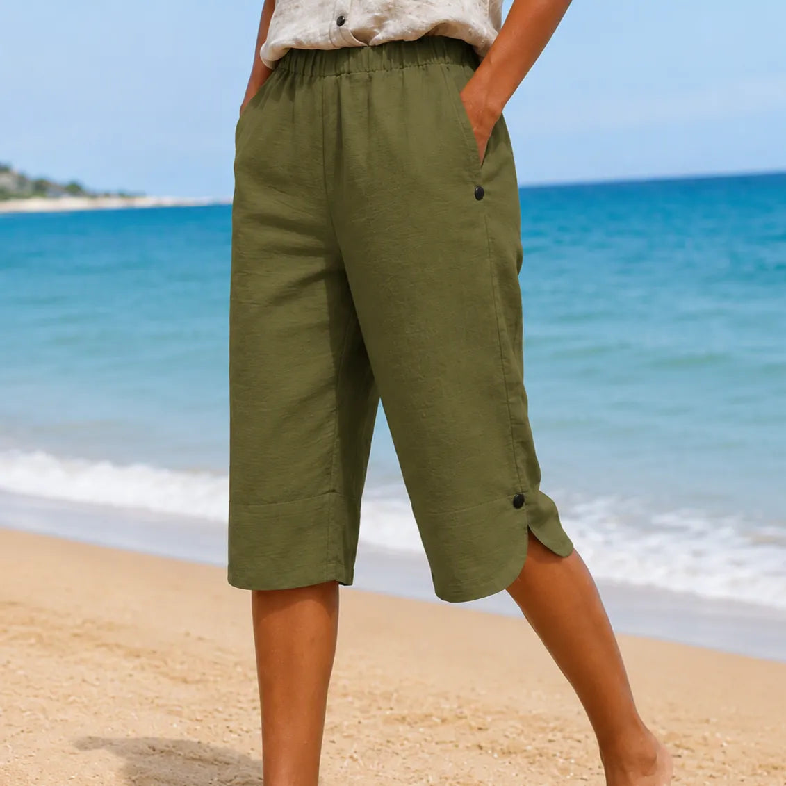 Brisana – Lightweight Linen-Look Capri Pants for Women Soft Elastic Waist