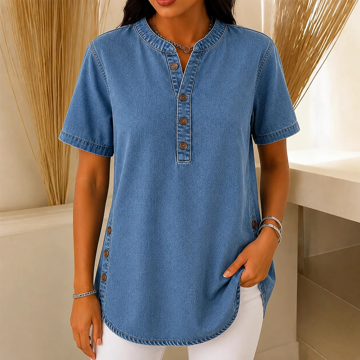 Avelyn – Henley Denim-like Tunic Top with Side Buttons for Women