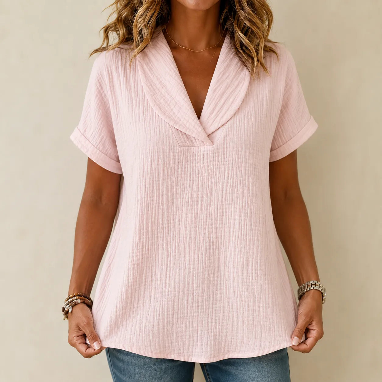 Sevella – Women's textured shawl V-neck summer tee, loose fit