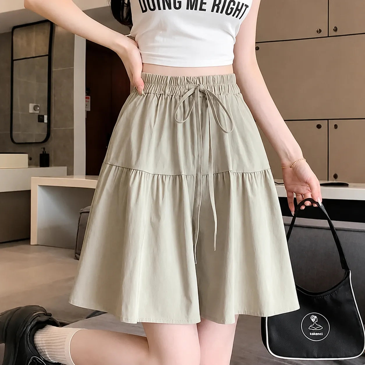Sundara – Tiered Culotte Skirt with Hidden Shorts, High Waist Drawstring
