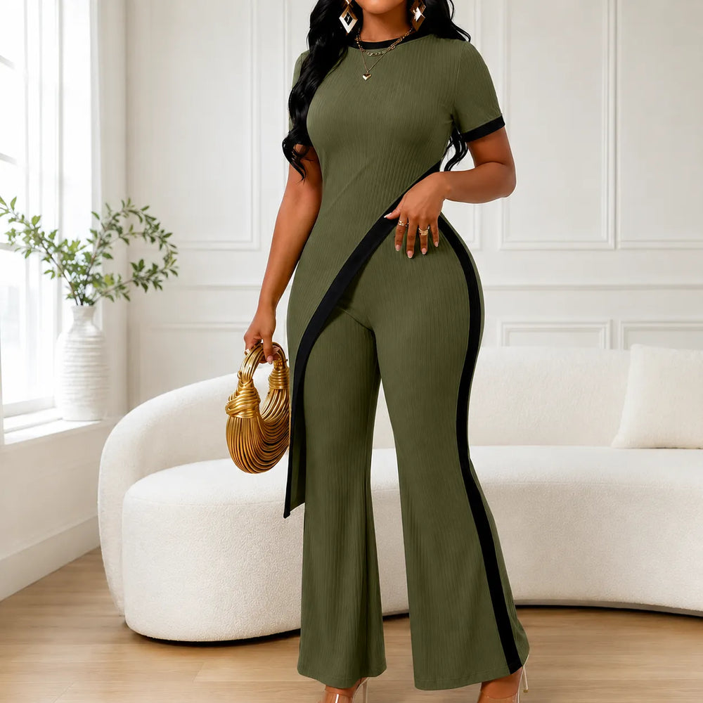 Velora – Asymmetric Ribbed Two-Piece Set with Flared Pants