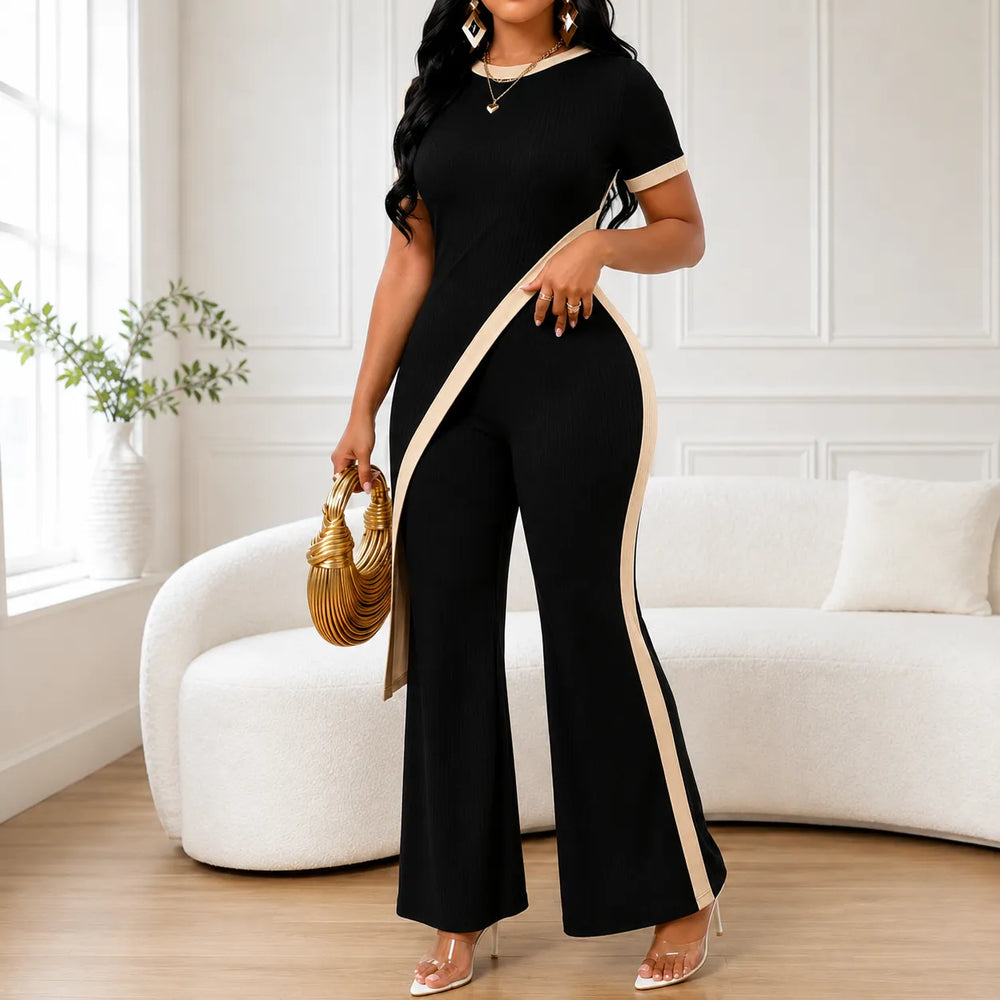 Velora – Asymmetric Ribbed Two-Piece Set with Flared Pants