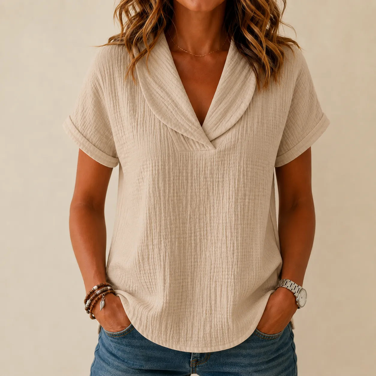 Sevella – Women's textured shawl V-neck summer tee, loose fit