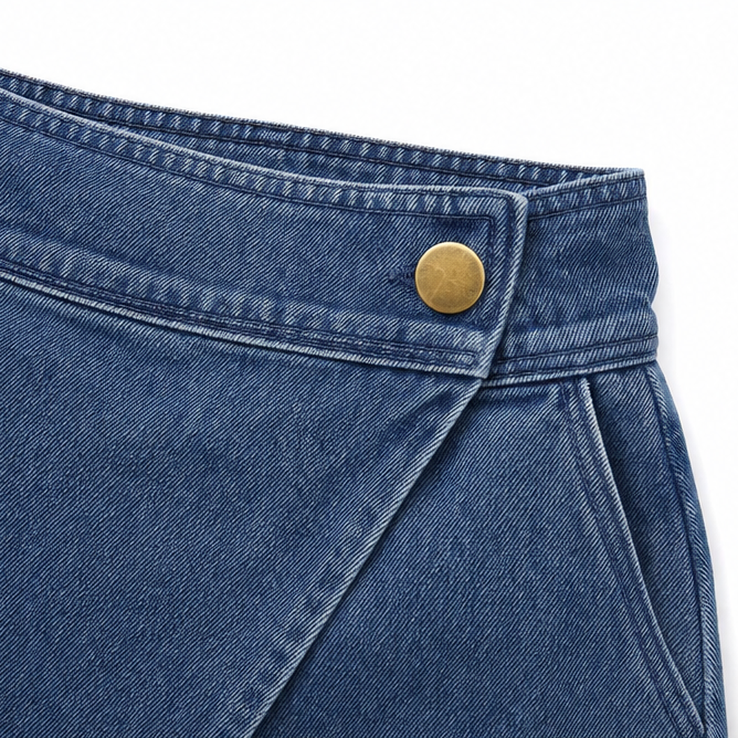 Velara – Asymmetric Wrap-Front Knee-Length Denim Look Bermuda Shorts