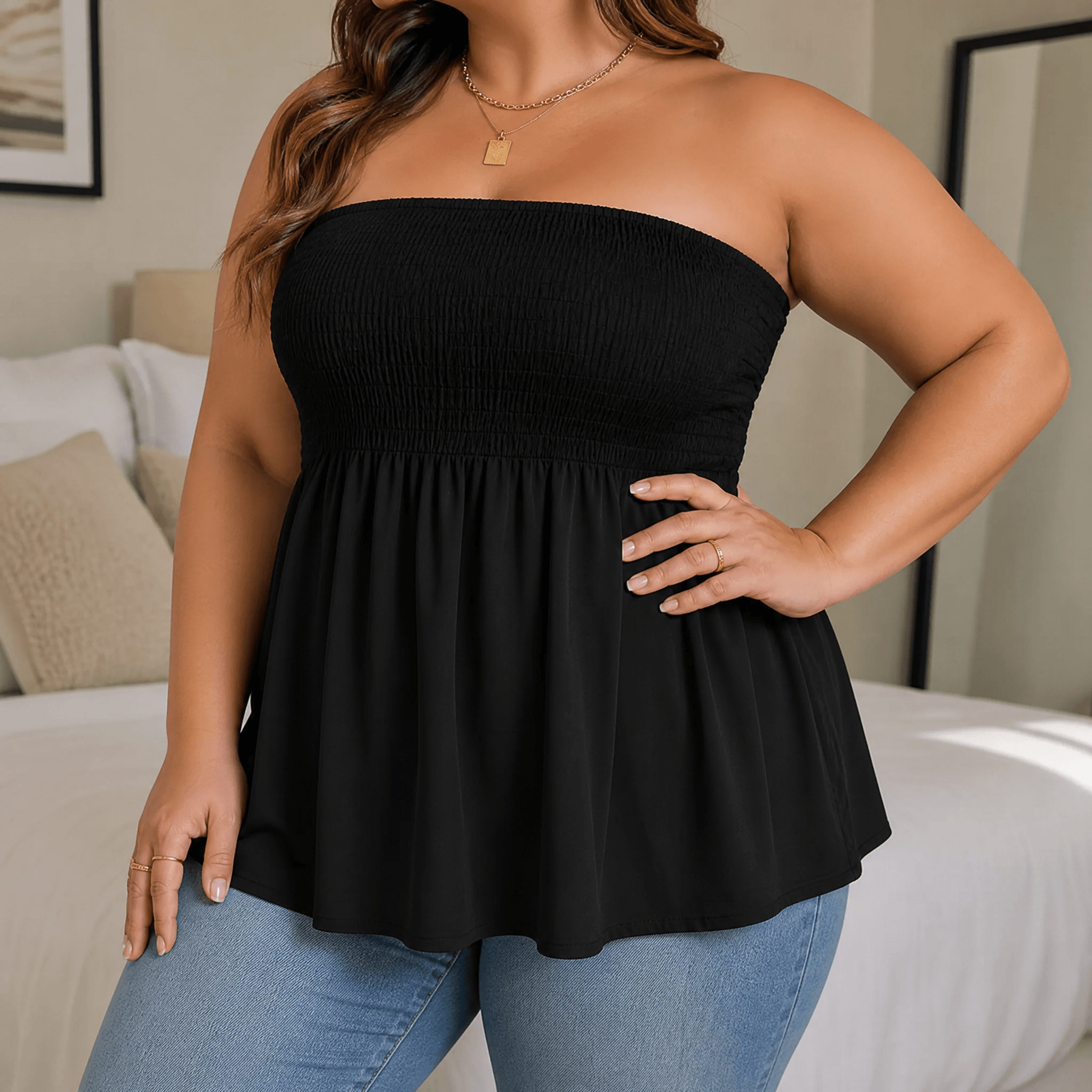 Vellora – Women's Strapless Smocked Babydoll Top