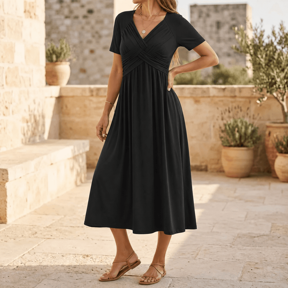 Veluna – Crossover V-Neck Midi Dress with Pockets