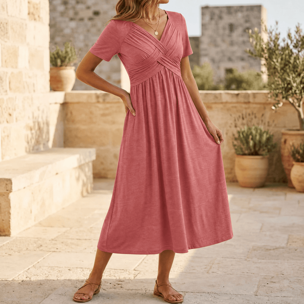 Veluna – Crossover V-Neck Midi Dress with Pockets