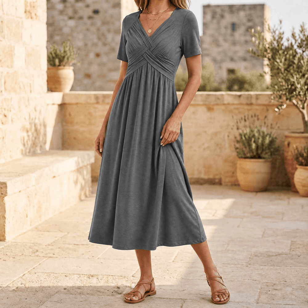 Veluna – Crossover V-Neck Midi Dress with Pockets