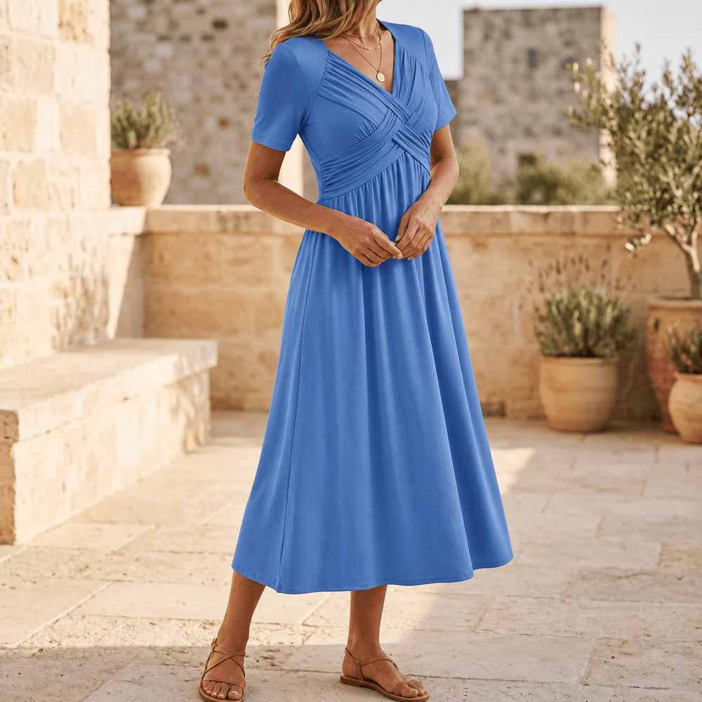 Veluna – Crossover V-Neck Midi Dress with Pockets