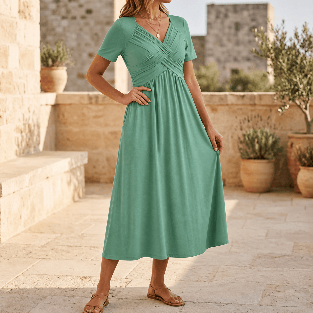 Veluna – Crossover V-Neck Midi Dress with Pockets